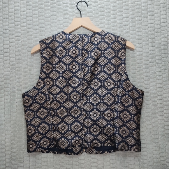 Vintage-Navy & Gold Tapestry Brocade Crop Vest/Waistcoat-Jacquard--Academia - Picture 3 of 9
